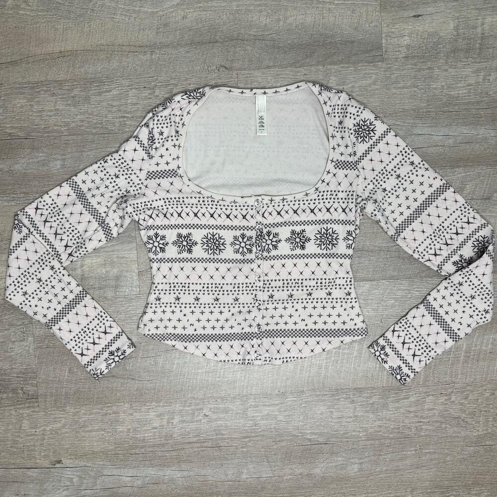 SKIMS Pointelle Fair Isle Button Front Crop Top Pajama Lounge Sexy Coquette L